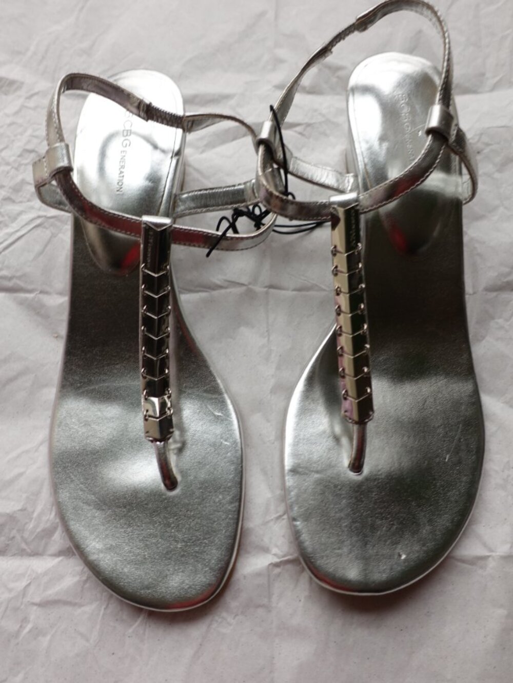BCBGeneration Silver T-Strap Wedge Sandals